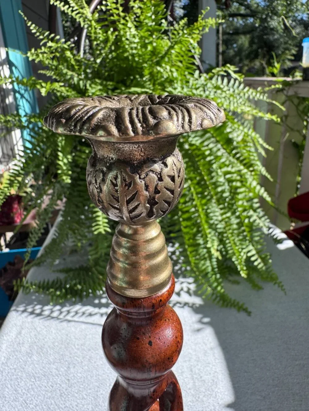 Vintage 15 Inch Wooden Open Barley Twist Candlestick Holder with Brass Sconce